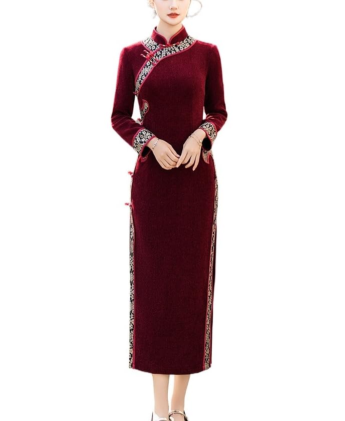 HEARTTOUCH Women Winter Chinese Cheongsam Chenille Qipao Dress Slim Fit Thick Chi Pao Party Cocktail Wedding Dresses