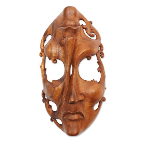 NOVICA Decorative Modern Suar Wood Mask, Beige, 'Joy and Sorrow'