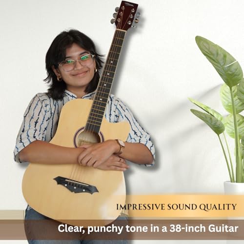 Image of Henrix 38CE 38 Inch Cutaway Basswood Electro-Acoustic Guitar With Dual Action Truss Rod, Gigbag, Picks, String Set, String Winder, Strap, Polishing Cloth & Ebook - Natural