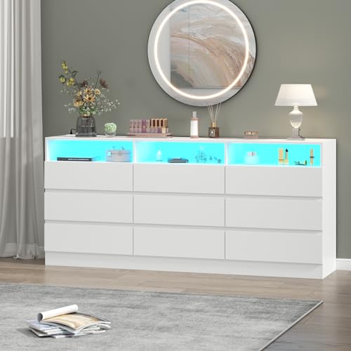 Gyfimoie 9 Drawer Double Dresser with Power Outlet, Accent Chests of Drawers with LED Light, Modern White Storage Dresser with Charging Station (Mirror Not Included) (9 Drawers-White)