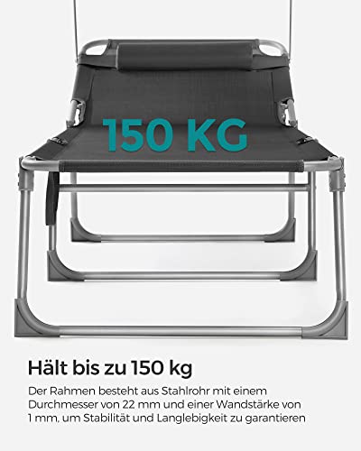SONGMICS Sonnenliege groß, zusammenklappbar, Sonnenliege, 200 x 71 x 38 cm, Tragfähigkeit 150 kg, mit Sonnenblende und Verstellbarer Rückenlehne, für Garten, Pool, Terrasse, Dunkelgrau GCB22GYV2