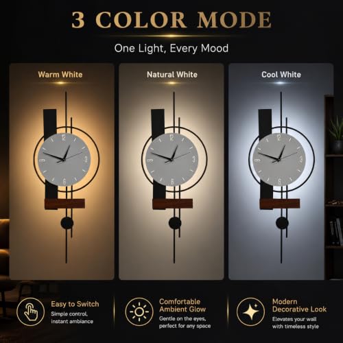 Image of Smartway Lerzo 6W LED Wall Lamp with Analog Clock | Modern Decorative Wall Light | 3 Color Modes | Wooden Accent Wall Clock Light for Bedroom, Living Room, Hallway & Bedside | 1-Year Warranty