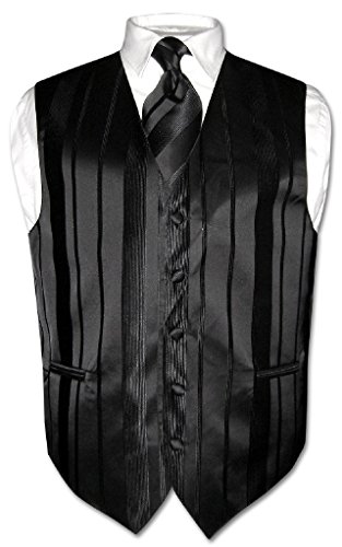 Vesuvio Napoli Men's Dress Vest & NeckTIE BLACK Color Woven Striped Design Neck Tie Set