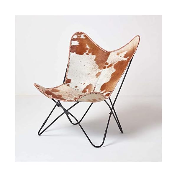 HOMESCAPES Leather Butterfly Chair Vintage Style Retro Armchair with Black Steel Hairpin Legs 100% Real Leather Cow Hide Modern BKF Sling Chair Accent Chair Seat - Image 3