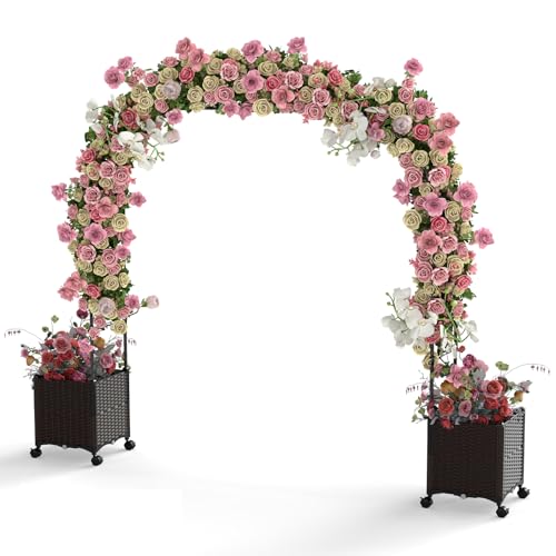 TANGZON Metal Garden Arbor with 2 Planters, Self-Watering Lawn Terrance Patio Trellis Pergola, Outdoor Rose Vines Climbing Support Arbor Archway with Arch Trellis for Wedding Party (288 x 40 x 200 cm)