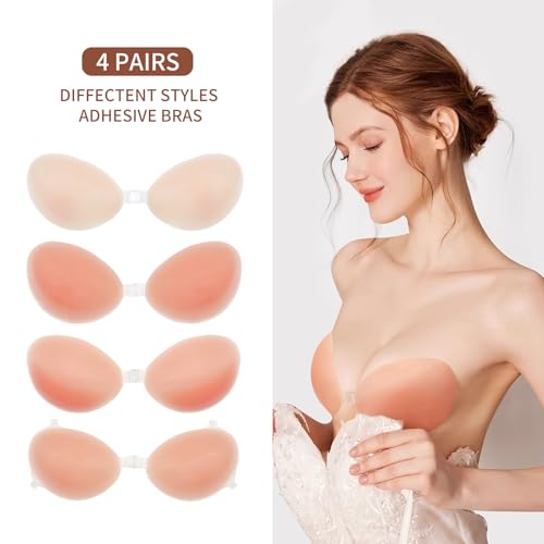 Adhesive Bra for Women Sticky Silicone Invisible Push up Bra,4 Pairs Adhesive Bras & 4 Pairs Nipple Covers 5