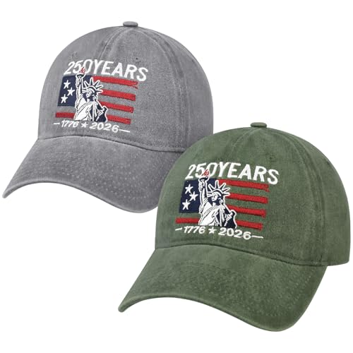 XCFWin 2 Pack USA 250th Anniversary Washed-Cotton Baseball Cap Patriotic Hat American 250 Year Merchandise for Men Women (US Alpha One Size Army Green Grey)