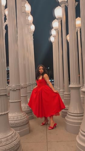 Image of Women Summer Halter Dress Low Cut Sleeveless A Line Tulle Swing Flowy Tea Length Dress Corset Prom Formal Ball Gowns