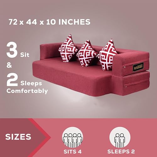 Image of Seventh Heaven 3 Seater 72x44x10, Low Floor Sofa Cum Bed Jute Fabric Fabric with 3 Cushions 3 Seater Double Foam Fold Out Sofa Cum Bed (Finish Color - Maroon Delivery Condition - Pre-Assembled)