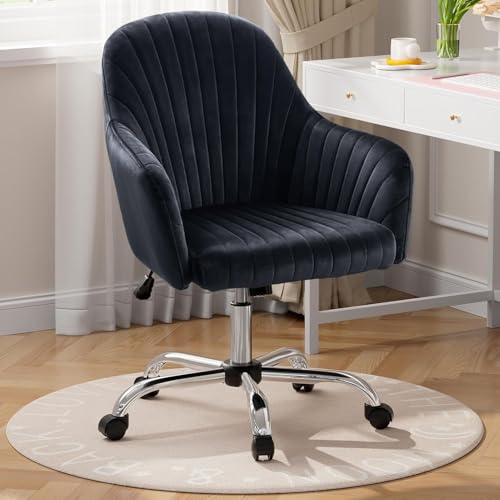 Image of AZAKEE Velvet Office Chair with Wheels & Armrests - Mid-Back Swivel Desk Chair for Home Office, Study, Bedroom & Vanity - Adjustable Height, Comfortable & Stylish (Black)