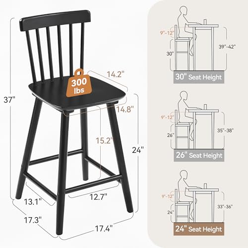 LUE BONA Set of 4 24-Inch Windsor Wooden Bar Stools for Kitchen Island - Black