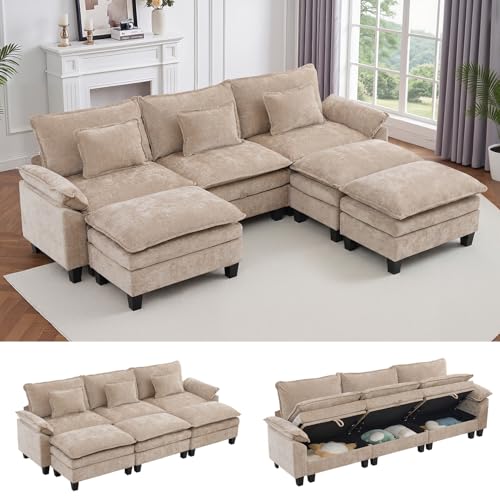 Image of IPKIG 117 inch Modular Cloud Couch with Storage, C Shaped Sectional Sofa | 3 Seater Khaki Chenille Deep Seat Sectional Couches with Ottoman and Pillow for Living Room, Apartment