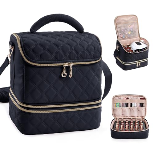 ELCUPA Estojo organizador de esmalte 2 em 1 – comporta 48 garrafas, suprimentos para unhas e ferramentas de manicure – Bolsa portátil de armazenamento de tecnologia de unhas com compartimentos