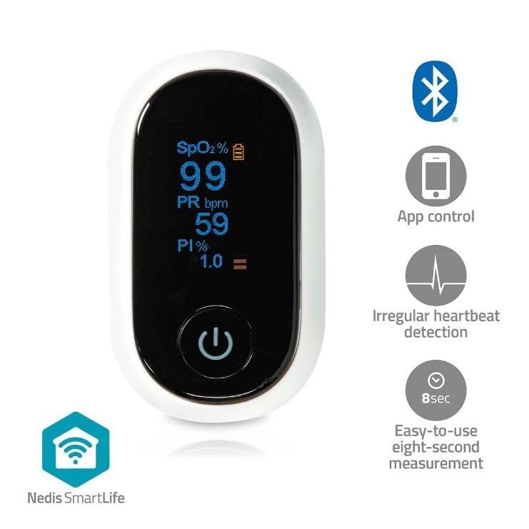 Nedis Pulsoximeter | Bluetooth | OLED-Anzeige | Akustischer Alarm/Anti-Bewegungsstörungen/Hochpräziser Sensor/Perfusionsindex/Pulsfrequenz/Sauerstoffsättigung (SpO2) | Weiss