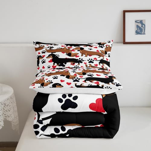 Image of Feelyou Dachshund Bedding Set for Girls Boys Kids Sausage Dog Comforter Lovely Red Love Hearts Animal Paw Comforter Set Room Decor Cute Pet Dog Duvet Set Full Size Bedspreads Coverlet Sets 3Pcs Boys