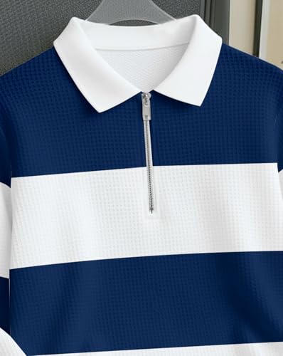 Image of Mens Stylish Half Zip Tshirt, Texture Striped Casual T-Shirt for Men, Formal Collared Neck Full Sleeves T-Shirt for Boys