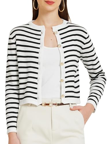 Image of Allegra K Striped Cardigan Sweater for Women's Long Sleeve Button Down Crewneck Trendy Knit Cardigans