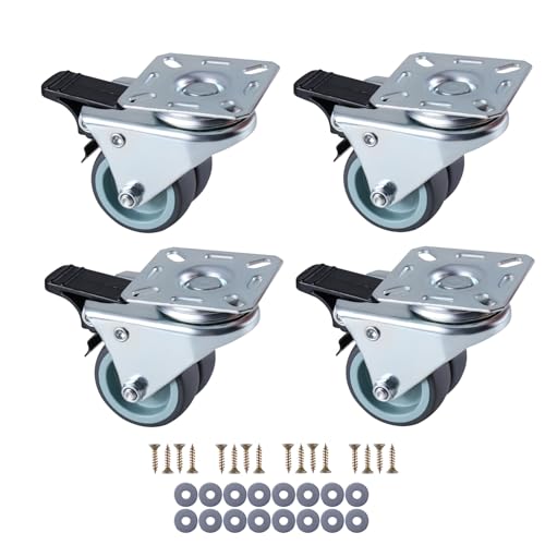 CNCYEAH Lot de 4 roulettes doubles pivotantes de 50 mm - Roulettes de transport pour charges lourdes avec frein - Roulettes de transport avec vis - Jusqu'à 400 kg - Rotation à 360° - Pas de bruit pour