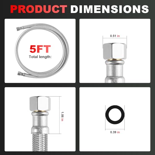 Image of Refrigerator Water Line 5ft 6 Pack inchby inchStainless Steel Braided | Ice Maker Hose Burst Proof Water Supply Line,Food Grade PVC Inner Tube Fits All Refrigerator Ice Makers