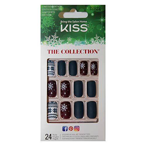 Kiss (1) Box The Collection 24pc Glue-On Nails - Limited Holiday Edition - 7 Day Wear - Matte White with Dark Blue Ugly Sweater Pattern, Matte Dark Blue, Matte Brown with White Snowflake - #80240