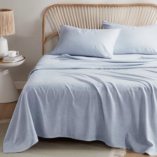 Hyde Lane Organic Linen Sheet Set - 4 Pcs Linen Cotton Bed Sheet Queen Size, Nature French Flax Cotton Blend Bedsheets for All Seasons - Soft & Breathable, 15" Deep Pocket (Queen, Blue)