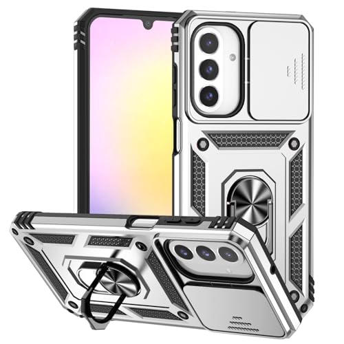XINYEXIN Coque pour Samsung Galaxy A26 5G avec Cache Caméra et Béquille, Couvercle Coulissant de la Caméra + Support Annulaire à 360 Degrés Etui Housse Antichoc - Argent