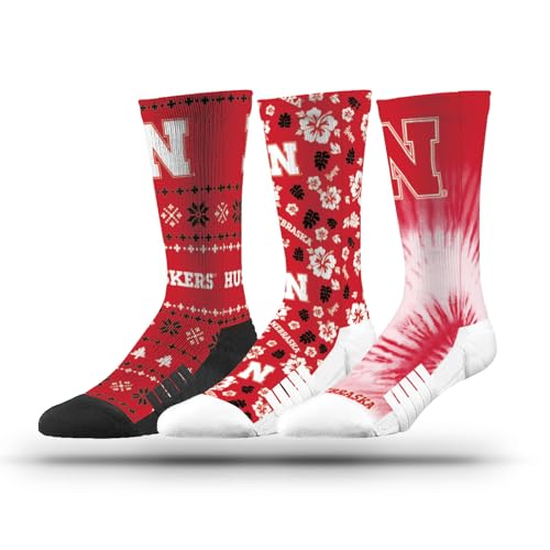 Strideline NCAA Mens Socks- Fun Pack 3 Pack-Nebraska-Size M/L (8-12)