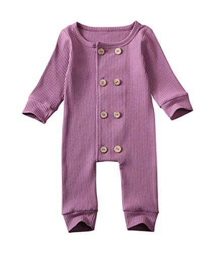 Newborn Baby Boy Girl One Piece Rompers Long Sleeve Organic Rompers Jumpsuits Pajamas Sleeper Overall Toddler Clothes (AA Purple Button, 3-6 Months)