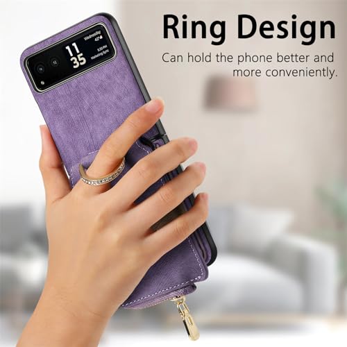 COQUE Shell Motorola Razr 40 Protective Cover,Magnetic Folding Zipper Wallet Card Slot Mobile Phone Leather Case for Motorola Razr 40-Purple - Image 4