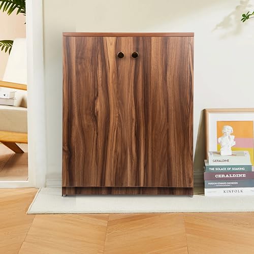 Image of Wooden Shoe Rack with Doors | Compact Shoe Cabinet for Home Entryway & Living Room | Modern Closed Shoe Storage Unit in Walnut Finish (76 x 60 x 32 cm) (Dark Asain, 4 Shelves) DIY