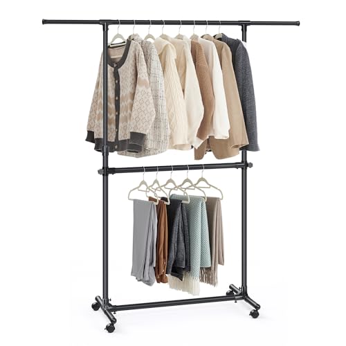 SONGMICS Portant à Vêtements Double Barre, Porte-manteau, Porte-vêtements, Hauteur Réglable de 113 à 180 cm, Barre Centrale Réglable, Noir LLR401B01