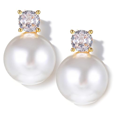 Yolev Pearl Earrings for Women 14K Gold Plated S925 Sterling Silver Pearl Drop Earrings for Women Trendy Diamond Stud Dangle Drop Earrings for Bridal Bridesmaid Wedding Jewelry