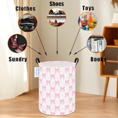 Image of Pink Bowknot Laundry Basket Canvas Fabric Collapsible Organizer Basket for Girls Room Storage Bin Toy Bins Gift Baskets Bedroom Clothes Hamper (Pink Bowknot)