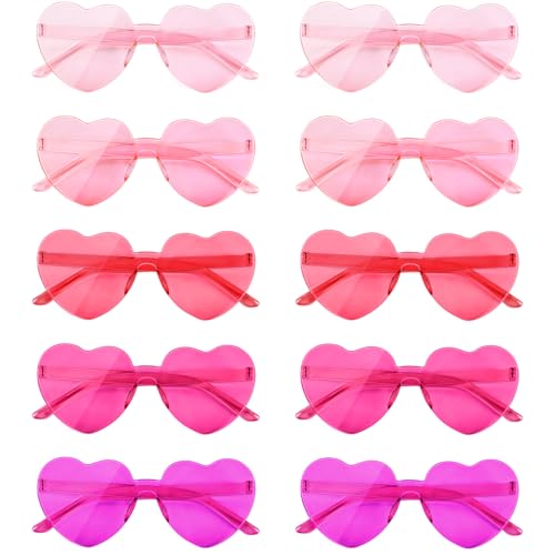 NACHLYNN 10 Pairs Heart Sunglasses Women Rimless Heart Shaped Sunglasses Candy Color Glasses for Costumes Cosplay (Pink Series)
