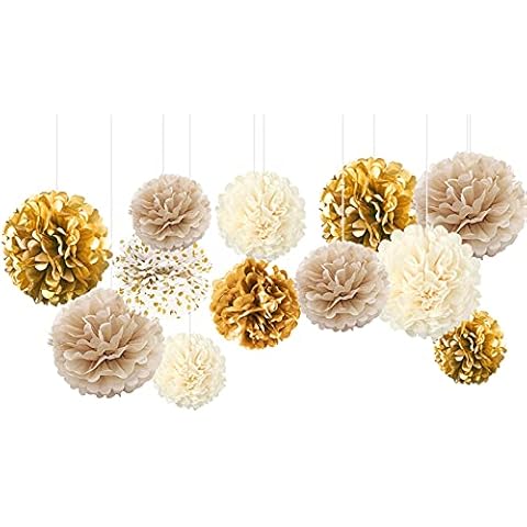 NICROHOME 12 Stück Weiß Gold Party Deko, Champagner Seidenpapier Pompoms, Tissue Paper Papierblumen für Hochzeitsdeko, Geburtstag, Brautdusche, Babyparty, Verlobungsfeier Cover