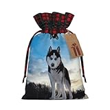 Alta calidad: esta bolsa de regalo de Navidad a juego con estampado de perros Husky está hecha de poliéster de alta calidad y combinada con tela escocesa a cuadros que se siente suave y sustancial. Tiene una textura que añade un toque cálido y rústico a tus regalos, y es lo suficientemente ligero como para llevarlo sin sentirse incómodo.