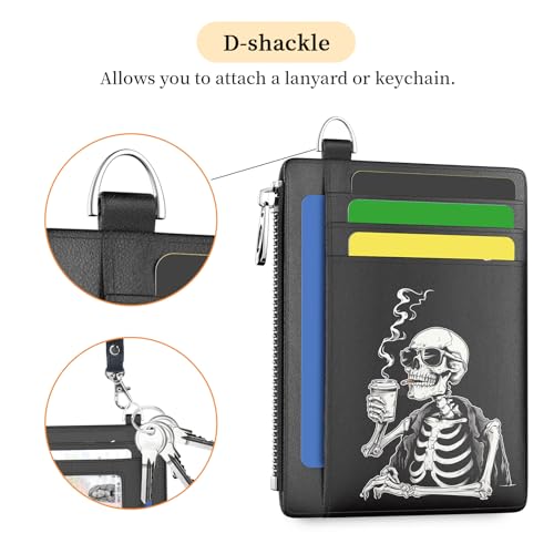 Image of Hancynir Slim Wallet Women Credit Card Holder, Skull Skeleton RFID Blocking Small Mini Card Wallets, Funny Front Pocket PU Leather Card Case, Thin Travel Zipper Coin Cash Ladies Female Wallet Gifts