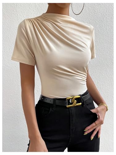 SweatyRocks Women's Ruched Mock Neck T Shirt Short Sleeve Fitted Summer Basic Tops3