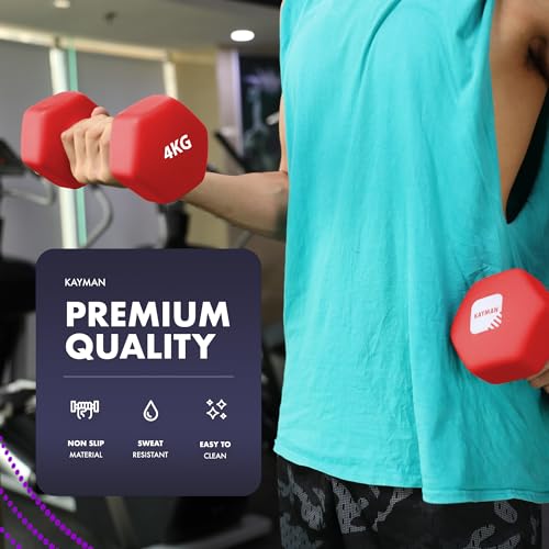 Image of KAYMAN Neoprene Dumbbells Pair with Anti-Slip Grip,Hex Edges,Water-Resistant Surface & Workout Poster-Weight Set for Home, Gym & Fitness (1kg 2kg 3kg 4kg 5kg 6kg 8kg 10kg) (2 x 4 Kg)