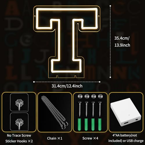 Image of Light Up Letters T, Led Marquee Letter Lights Neon Sign, 13.9 inch Height Decorative Lighted Alphabet Number, Battery /USB Powered Led Letters Lights for Wedding, Birthday, Party, Christmas or Home Decor
