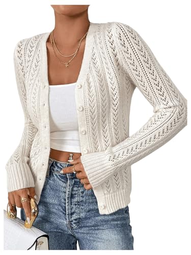 SHENHE Women's Pointelle Sweater Cardigan Crochet Hollow Out Eyelet Button Up Cropped Cardigan