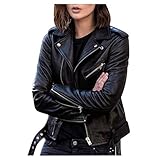 Onsoyours Damen PU Lederjacke Bikerjacke mit Reißverschluss Kurze Jacke Herbst Frühling B Schwarz XXL