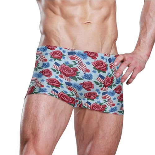 July 4th Independence Day American Flag Rose Mens Swim Trunk Swim Brief Square Leg Board Short S B04046023