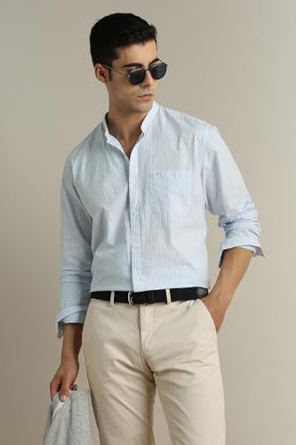 Image of Peter England Men's Casual Mandarin Collar Slim fit Full Sleeve Shirt in 100% Cotton Seersucker with Striped Design