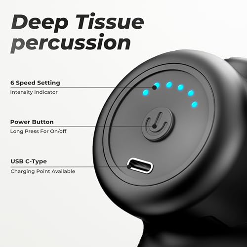 Image of Durafit91 Pulse Pro Handy Deep Tissue Massage Gun for Full-Body Pain Relief, Rechargeable and Cordless with Lithium Battery | 6 Speed Intensities (Low to High) | Includes 4 Interchangeable Massage Heads for Various Muscle Relaxation Needs (Neck, Shoulder, Back, and Foot) for Men and Women | Suitable for Use at Home, the Gym, and During Travel (Grey)