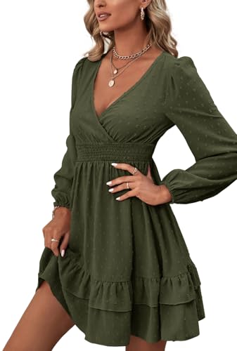 Rooscier Women's Wrap V Neck Swing Ruffle Swiss Dots Long Sleeve Mini Dress4