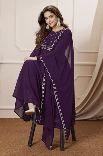 Image of Janasya Women Georgette Embroidered Kurta with Palazzo & Dupatta Purple Color Trending Outfit