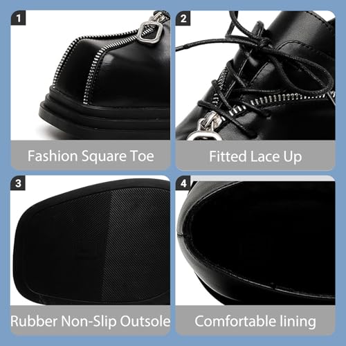 Men's Leather Square Toe Punk Oxford Shoes Fashion Lace Up Non-Slip Platform Low Block Heel Dress Shoes for Wedding Party Prom3