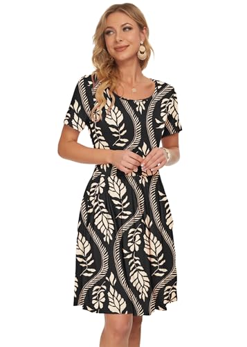 Image of AUSELILY Women's Short Sleeve Pleated Swing Summer Dress with Pockets | Knee-length short sleeve dress, empire waist & pockets, ideal for casual daily wear and vacation