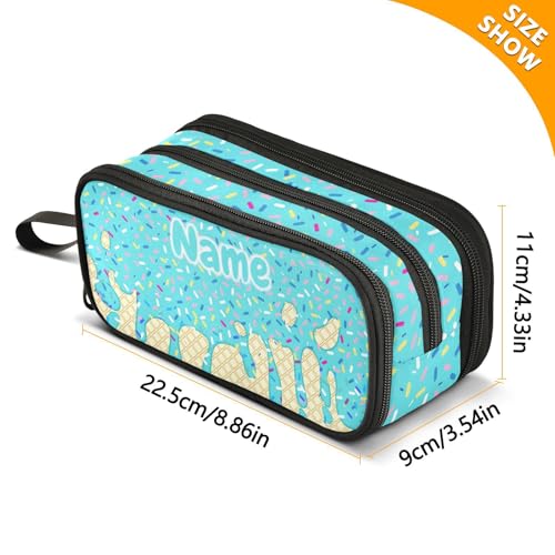 Image of Custom Teal Blue Ice Cream Print Pencil Case Box Boys Girls Personalized Name Large Pencil Pouch Stationery Pen Bag Organizer for Kids Adults School Office